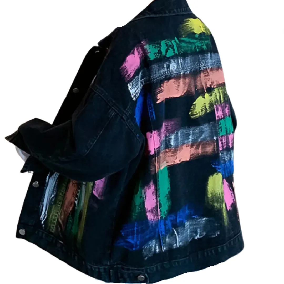 Pre Order:  Hand-Painted Color Long Sleeve Loose Denim Jacket