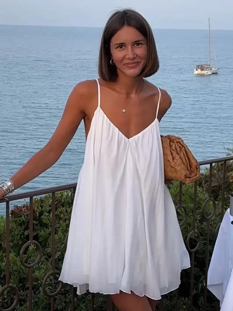Sexy Backless White Mini Dress For Women Fashion V-neck Sleeveless Backless Sling A-line Dresses Lady Beach Vacation Robes