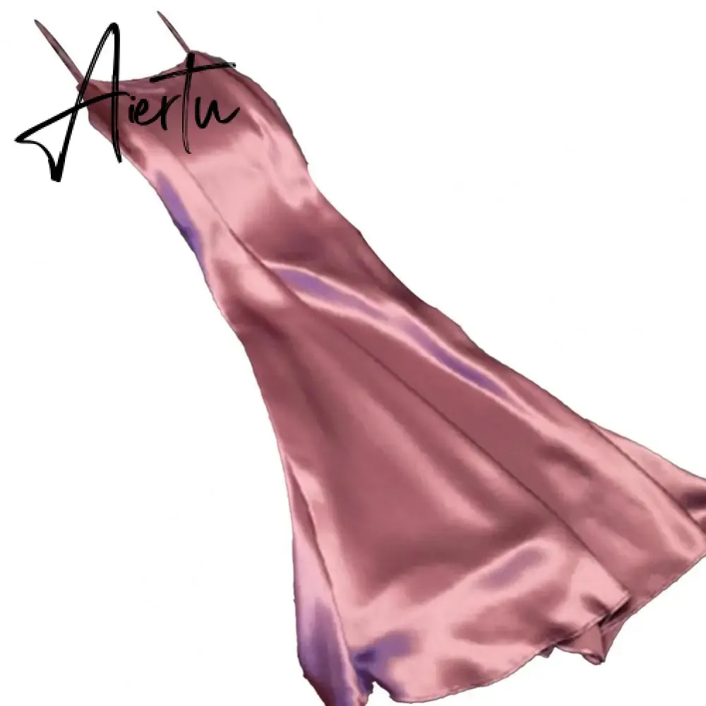 Sexy Women Sling Dress V Neck Backless Spaghetti Straps Large Hem Solid Color Ladies Satin Banquet Maxi Dresses
