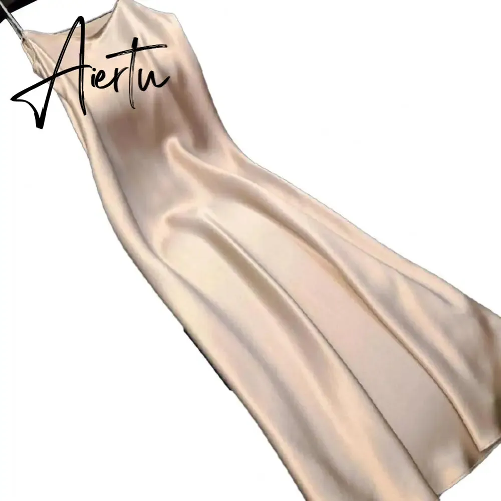 Sexy Women Sling Dress V Neck Backless Spaghetti Straps Large Hem Solid Color Ladies Satin Banquet Maxi Dresses