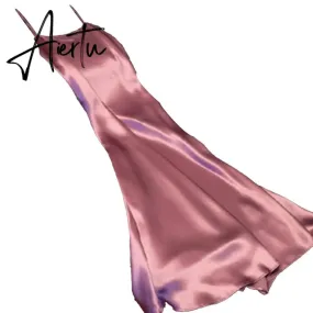 Sexy Women Sling Dress V Neck Backless Spaghetti Straps Large Hem Solid Color Ladies Satin Banquet Maxi Dresses