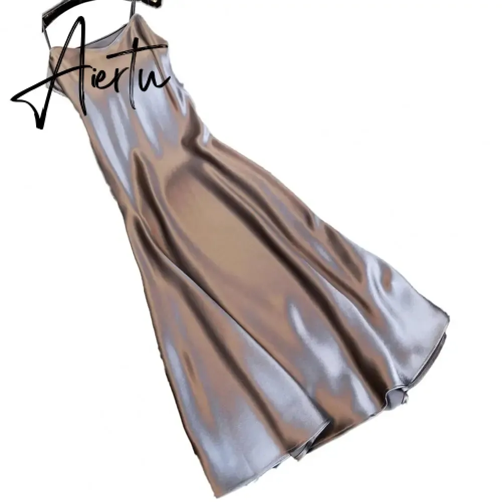 Sexy Women Sling Dress V Neck Backless Spaghetti Straps Large Hem Solid Color Ladies Satin Banquet Maxi Dresses