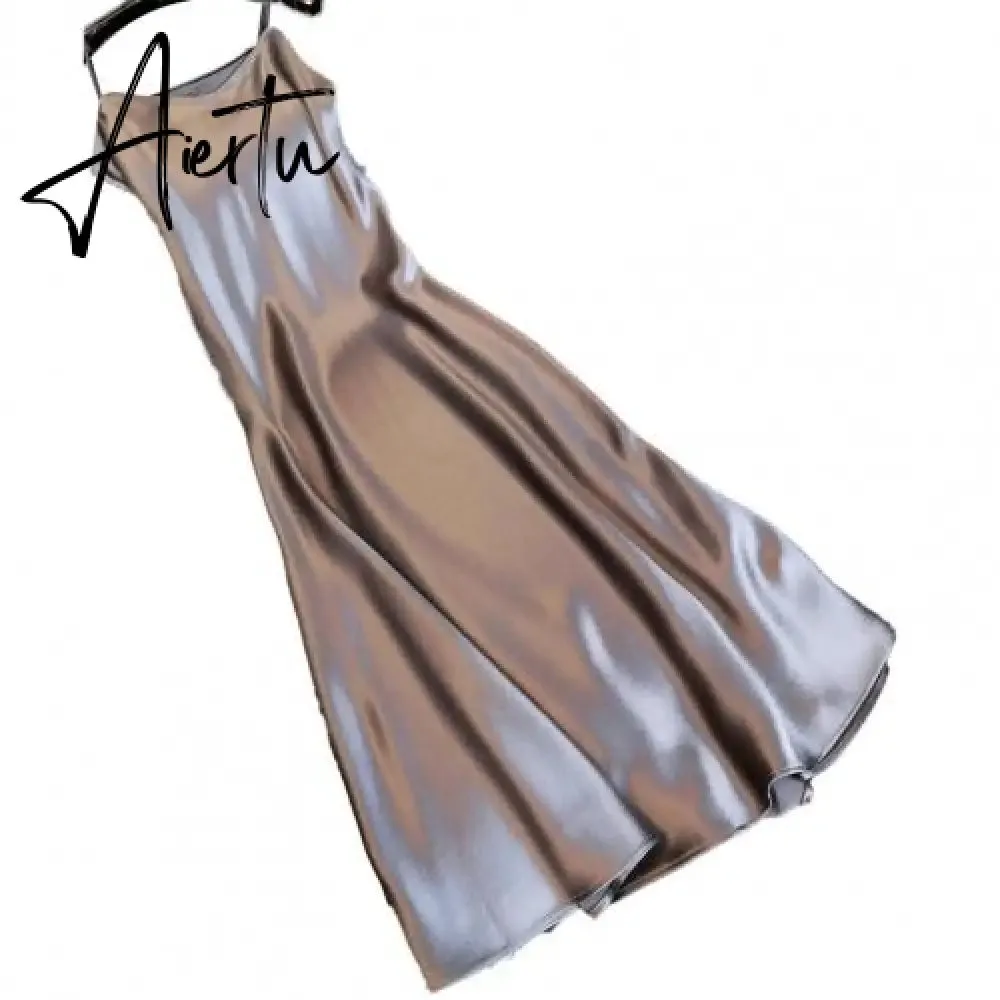 Sexy Women Sling Dress V Neck Backless Spaghetti Straps Large Hem Solid Color Ladies Satin Banquet Maxi Dresses