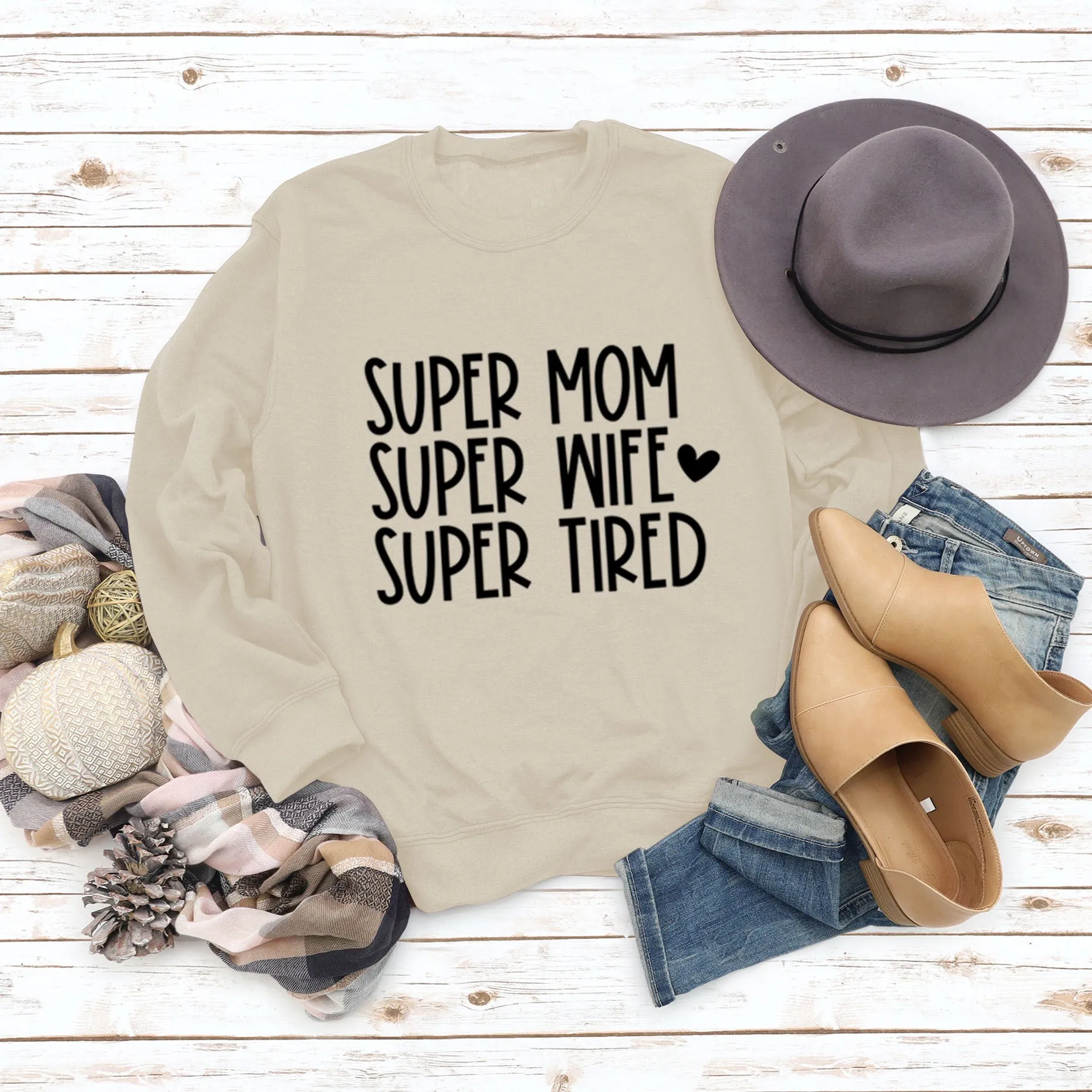 SUPER MOM SUPER WIFE LETTERS HEART BASE LONGSLEEVE DRESS WOMEN