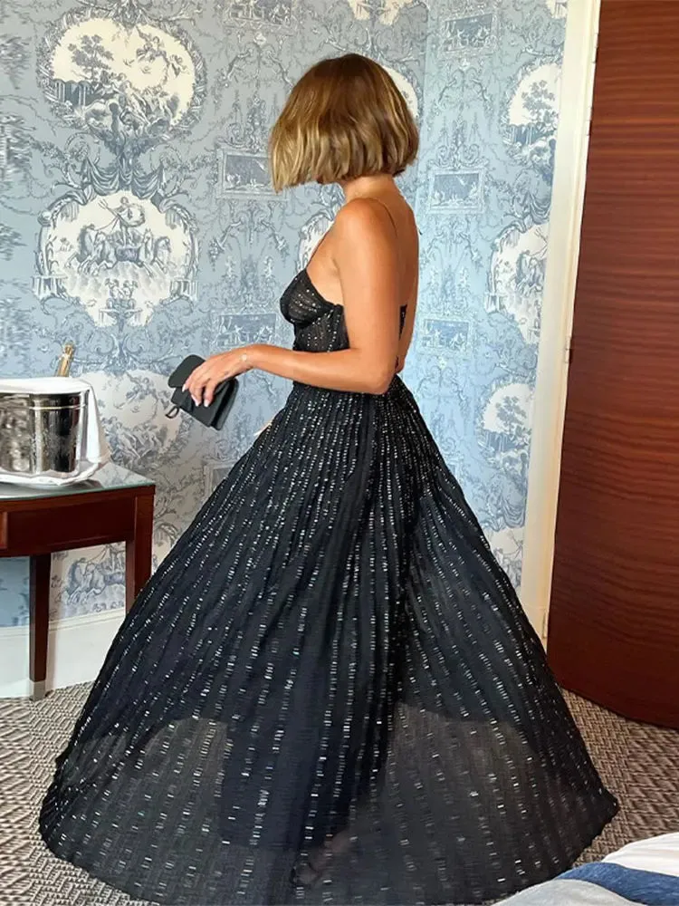 Women Sexy Hollow Out Backless Sequins Dress Fashion Off Shoulder Sleeveless Sling Robes Summer Lady Party Evening Vestidos